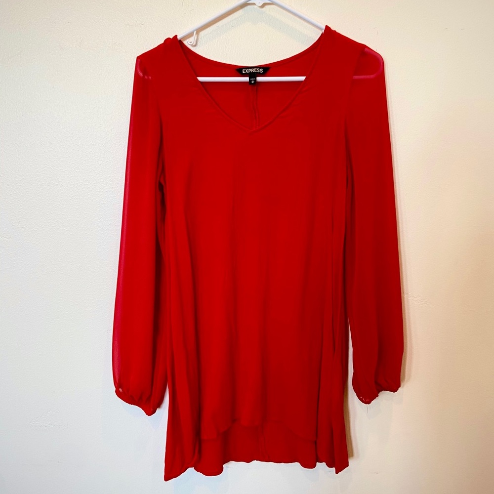 Red tunic with sheer sleeves
